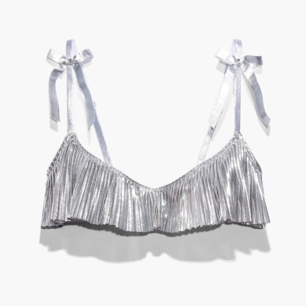 NEW Savage X Fenty Silver Pleated Lamé Fringe Unlined Underwire Bra 34D